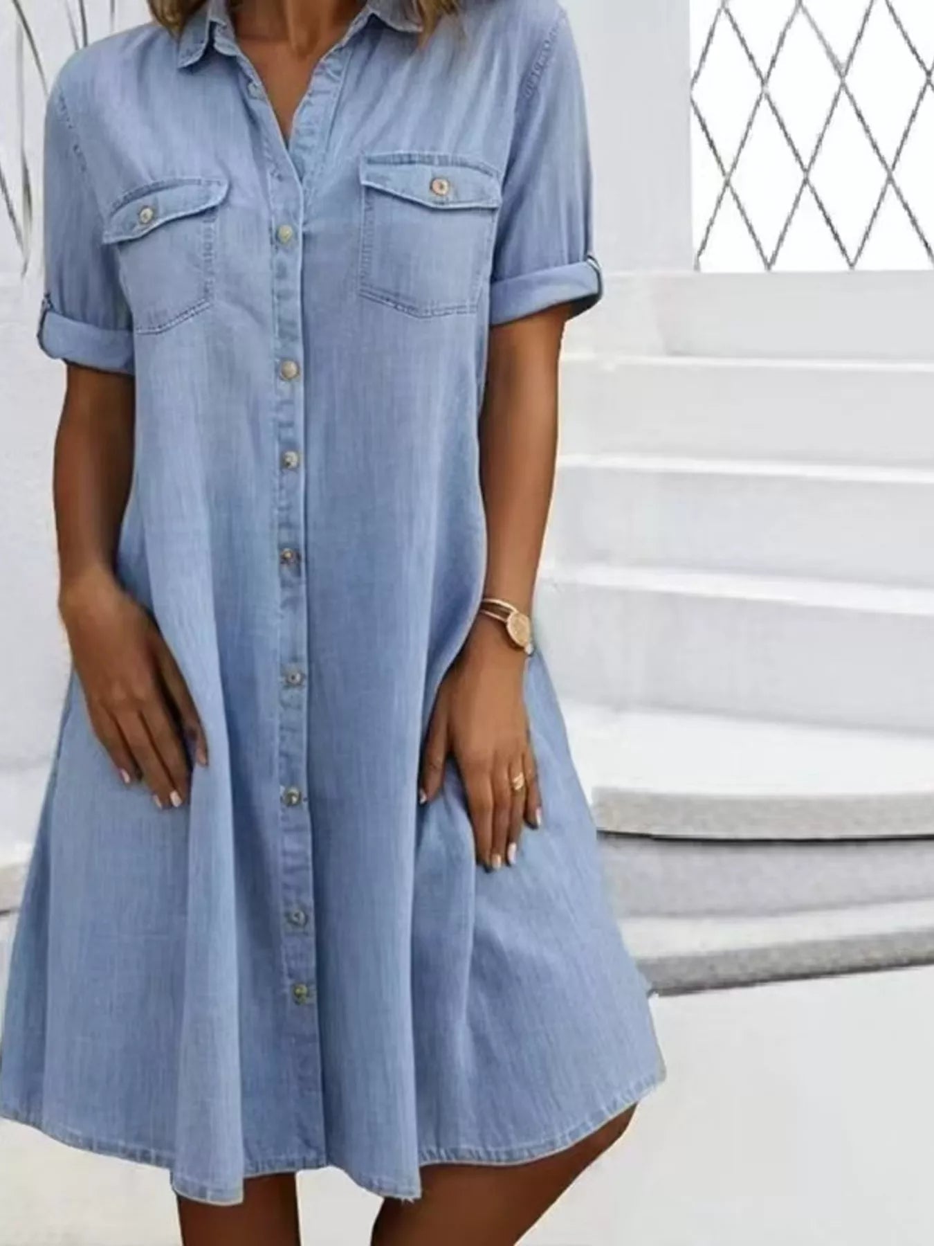 Full Size Button - Front Short Sleeve Denim Dress Plus Size - Goddess Vibes