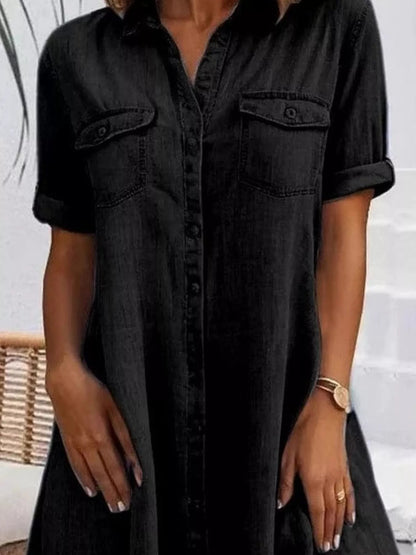 Full Size Button - Front Short Sleeve Denim Dress Plus Size - Goddess Vibes