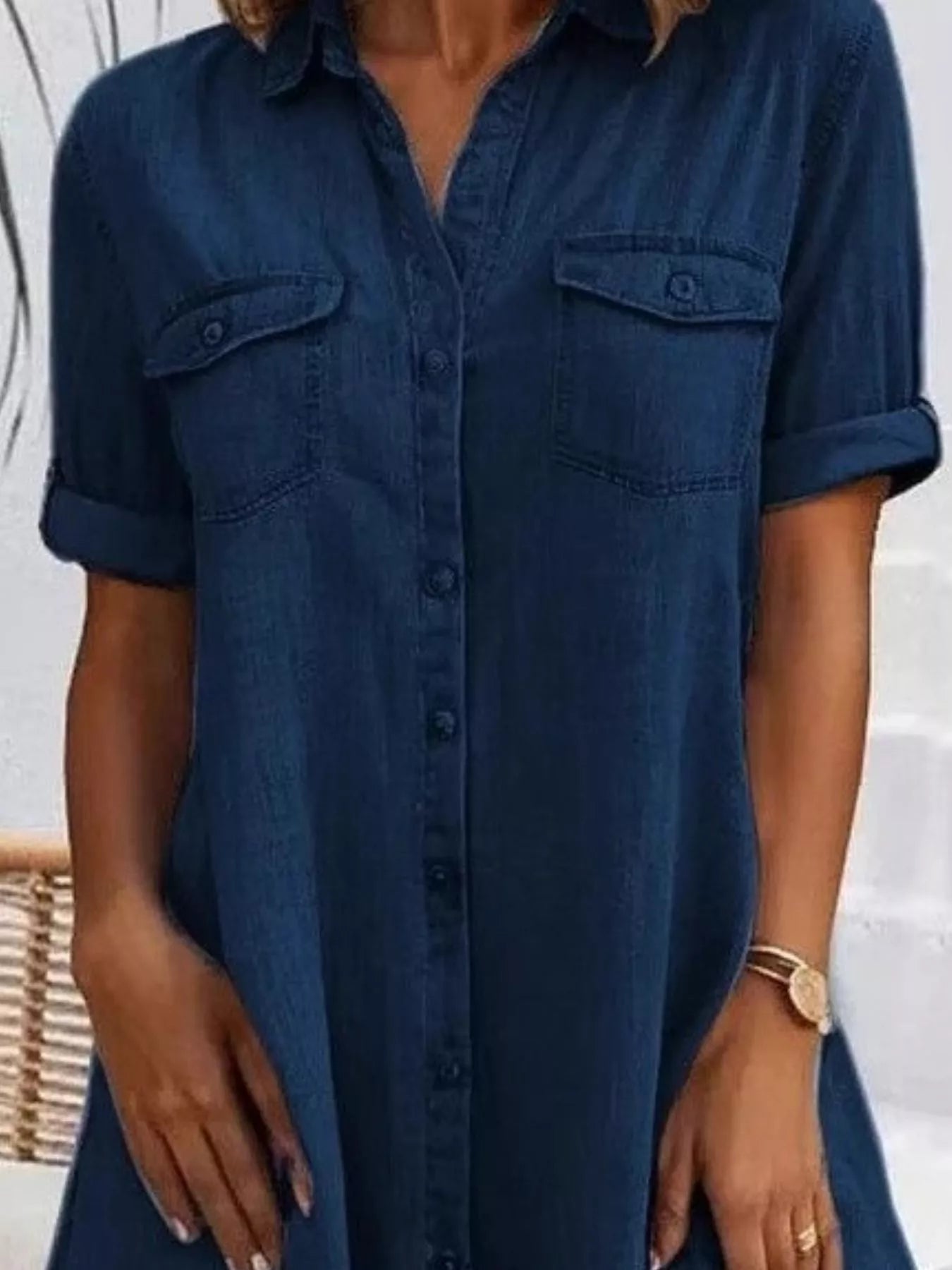 Full Size Button - Front Short Sleeve Denim Dress Plus Size - Goddess Vibes