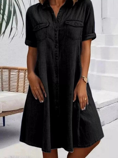 Full Size Button - Front Short Sleeve Denim Dress Plus Size - Goddess Vibes