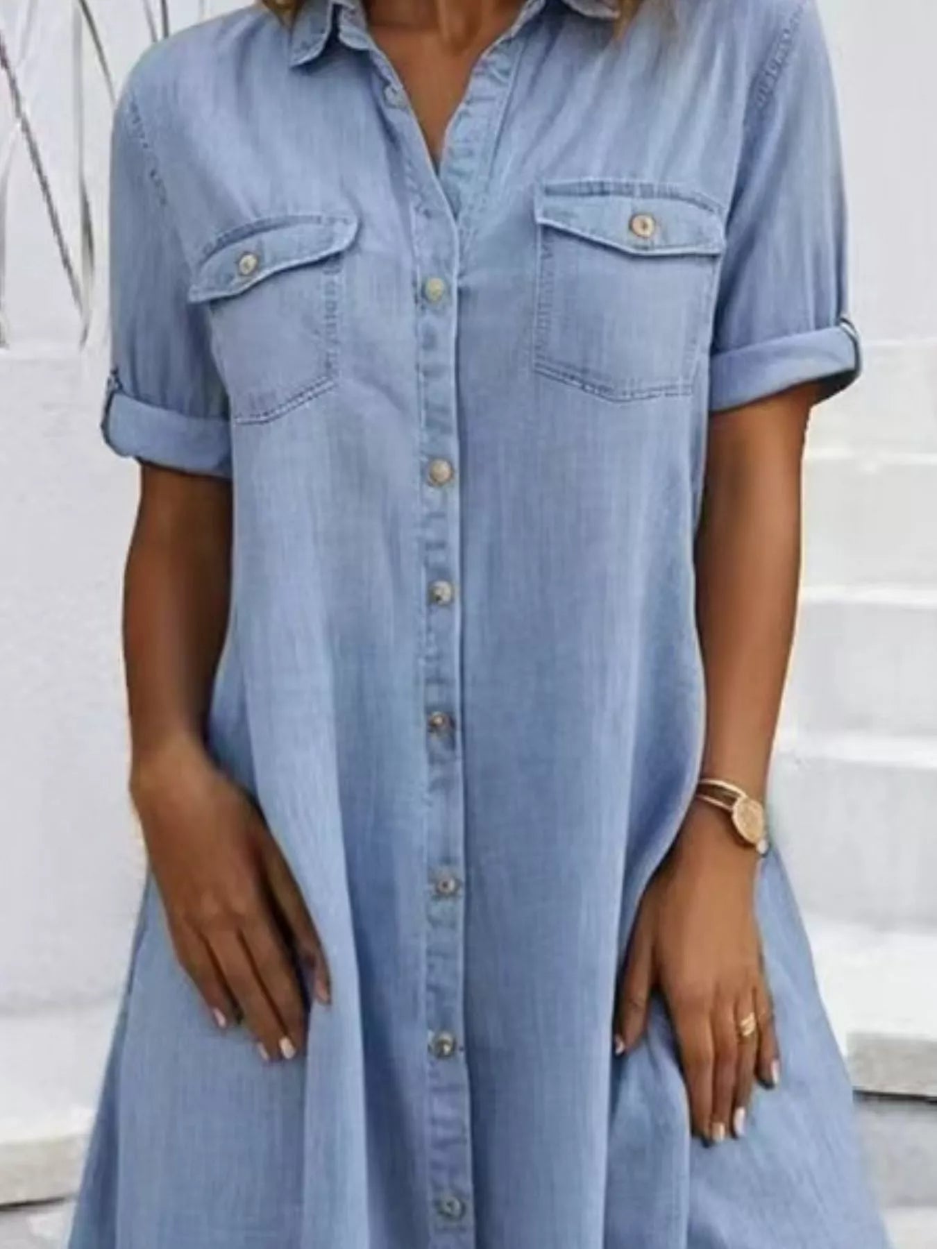Full Size Button - Front Short Sleeve Denim Dress Plus Size - Goddess Vibes