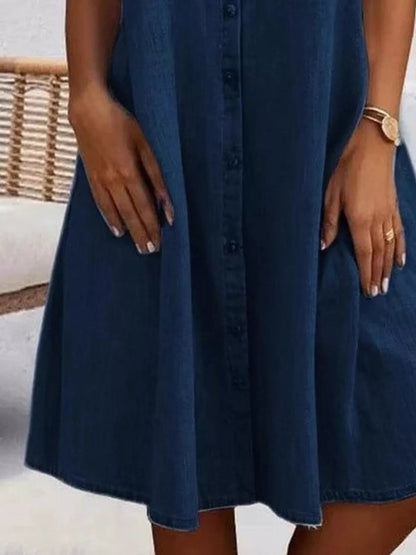 Full Size Button - Front Short Sleeve Denim Dress Plus Size - Goddess Vibes