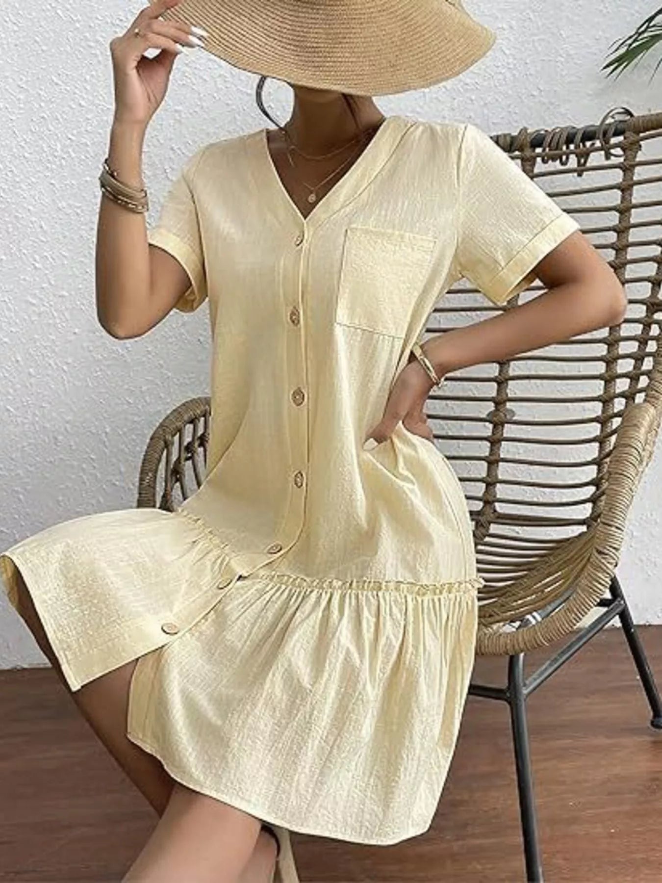 Full Size Button - Front Short Sleeve Tiered Dress Plus Size - Goddess Vibes