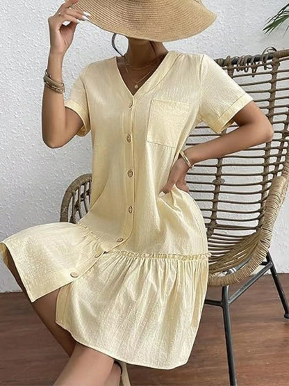 Full Size Button - Front Short Sleeve Tiered Dress Plus Size - Goddess Vibes