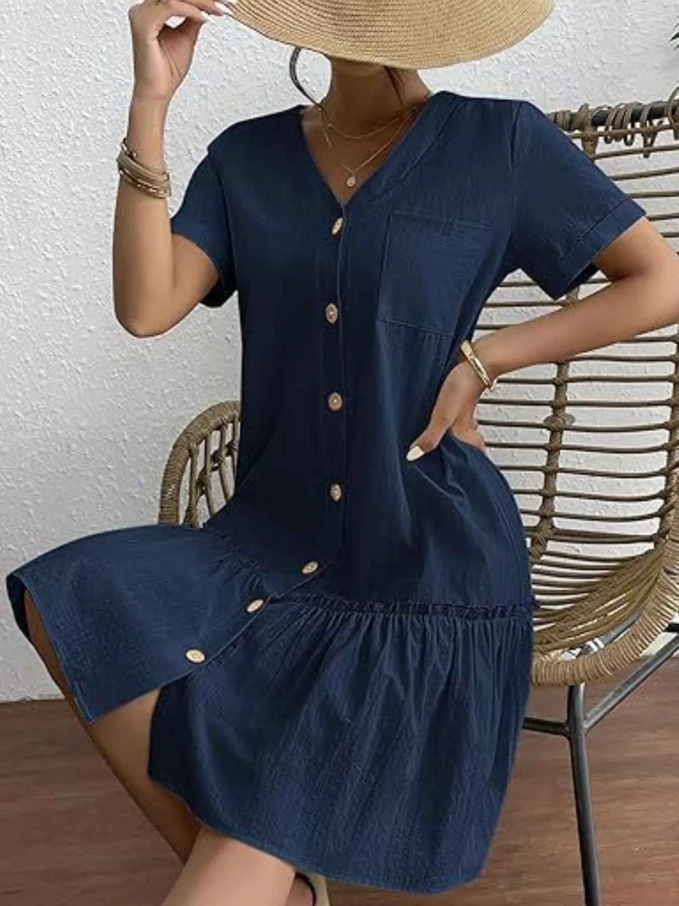Full Size Button - Front Short Sleeve Tiered Dress Plus Size - Goddess Vibes