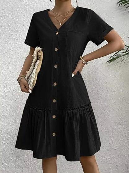 Full Size Button - Front Short Sleeve Tiered Dress Plus Size - Goddess Vibes