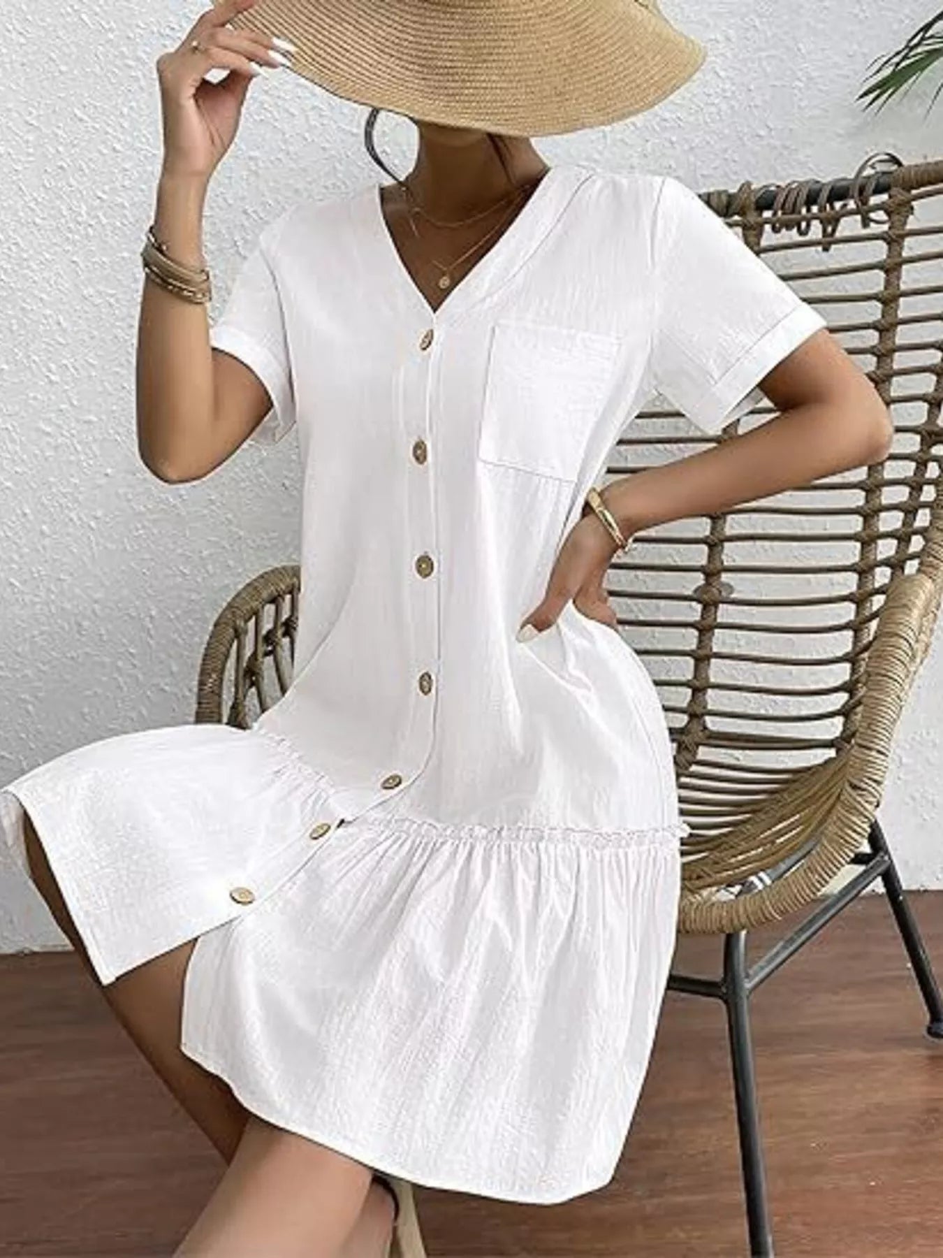 Full Size Button - Front Short Sleeve Tiered Dress Plus Size - Goddess Vibes