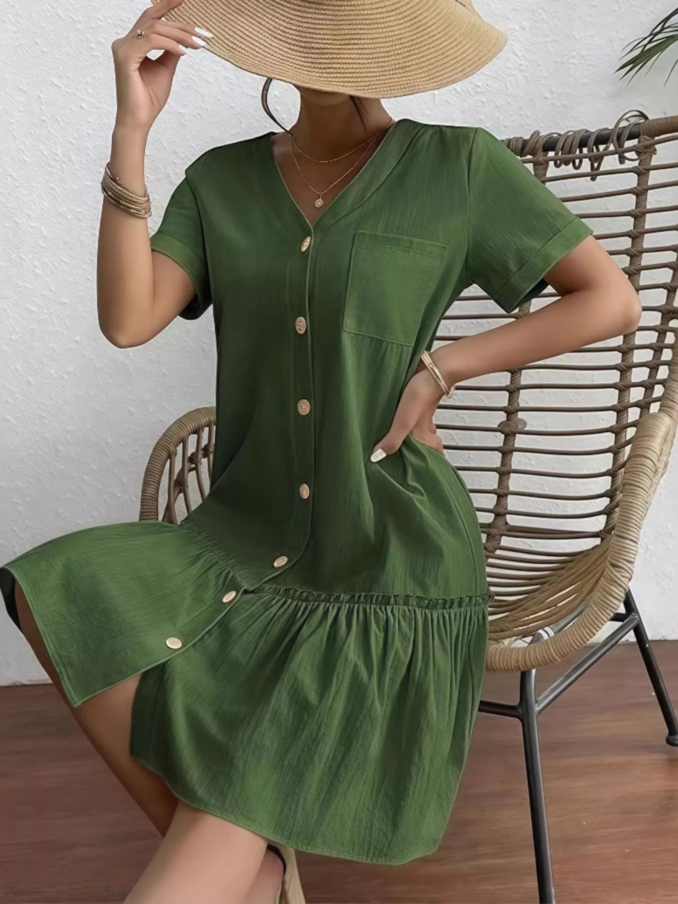 Full Size Button - Front Short Sleeve Tiered Dress Plus Size - Goddess Vibes