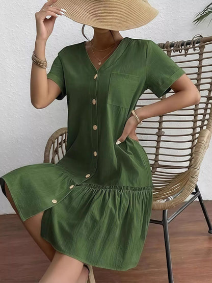 Full Size Button - Front Short Sleeve Tiered Dress Plus Size - Goddess Vibes