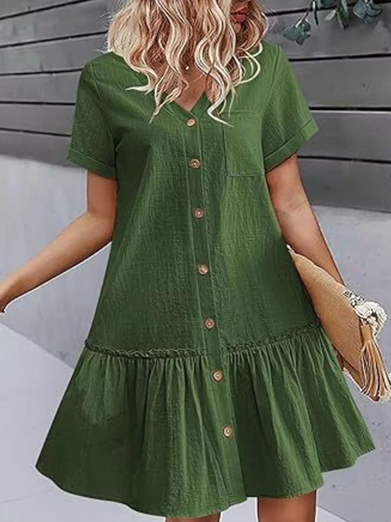 Full Size Button - Front Short Sleeve Tiered Dress Plus Size - Goddess Vibes