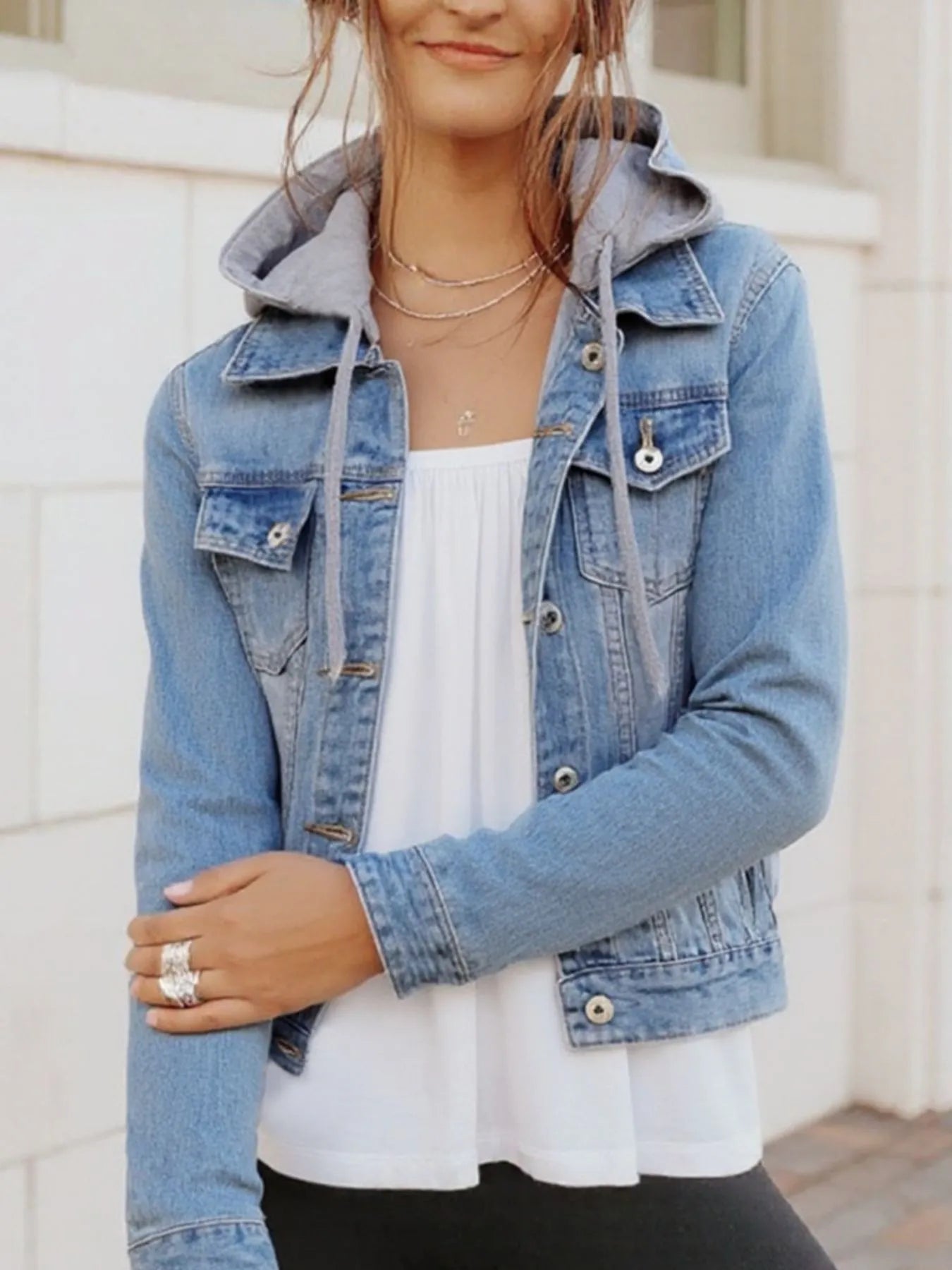 Full Size Button Up Drawstring Hooded Denim Jacket Plus Size - Goddess Vibes