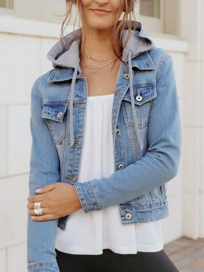 Full Size Button Up Drawstring Hooded Denim Jacket Plus Size - Goddess Vibes
