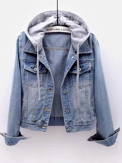 Full Size Button Up Drawstring Hooded Denim Jacket Plus Size - Goddess Vibes