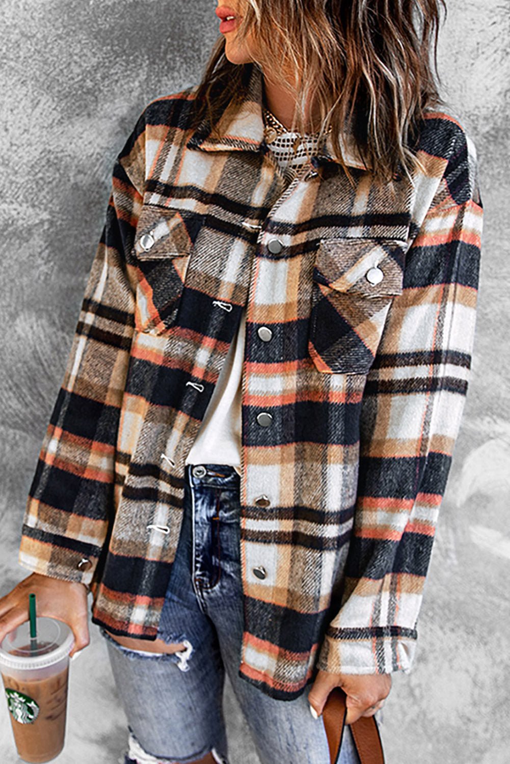 Geometric Plaid Print Pocketed Shacket - Goddess Vibes