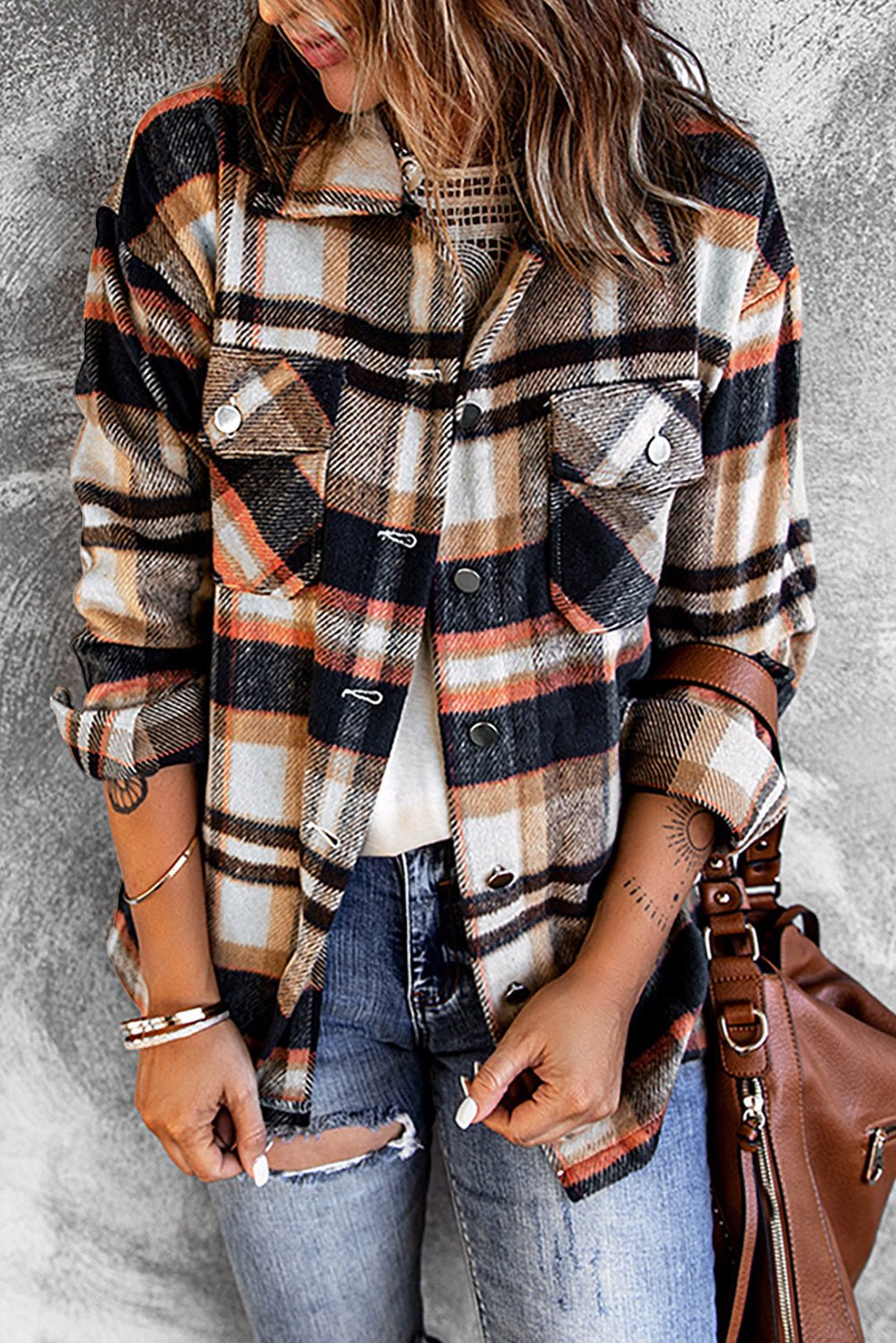 Geometric Plaid Print Pocketed Shacket - Goddess Vibes