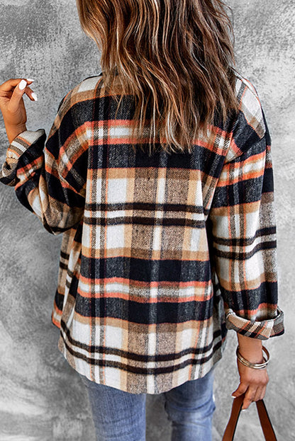 Geometric Plaid Print Pocketed Shacket - Goddess Vibes