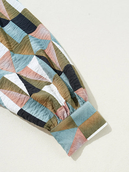 Geometric Print Buttoned Balloon Sleeve Loose Fit Shirt - Goddess Vibes