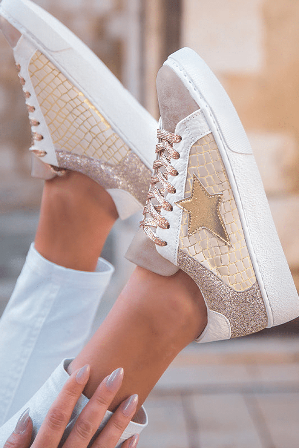 Gold Glitter Star Patchwork PU Leather Lace - up Sneakers - Goddess Vibes
