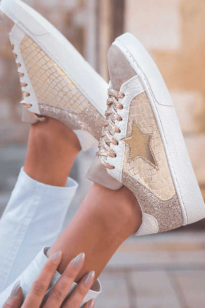 Gold Glitter Star Patchwork PU Leather Lace - up Sneakers - Goddess Vibes
