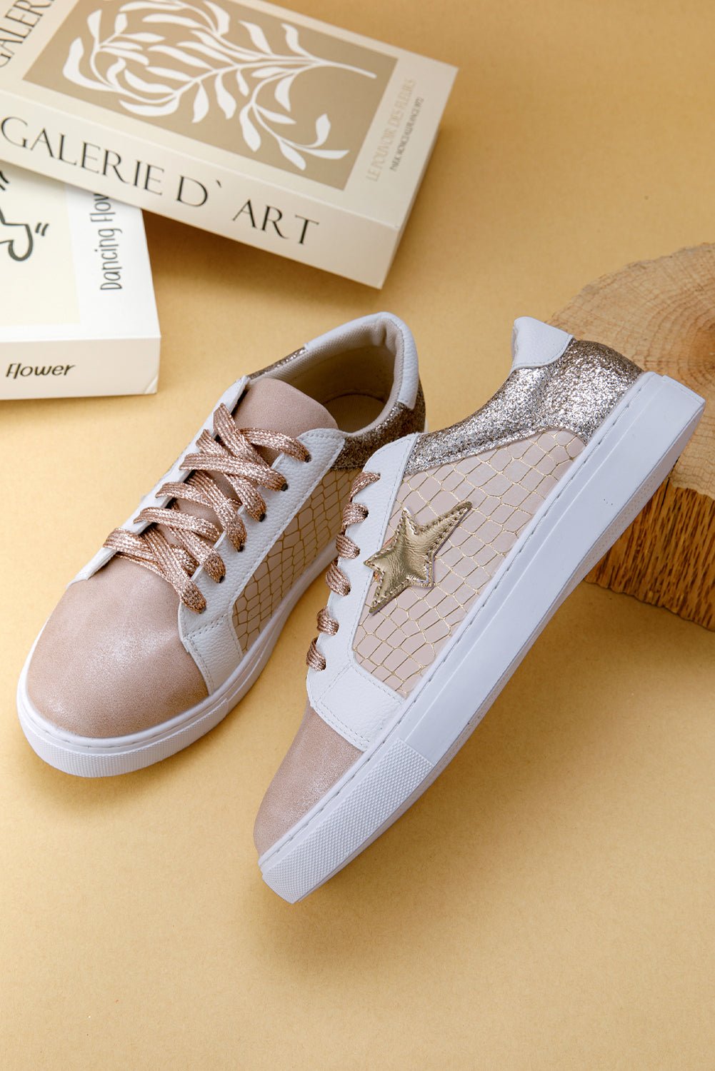 Gold Glitter Star Patchwork PU Leather Lace - up Sneakers - Goddess Vibes