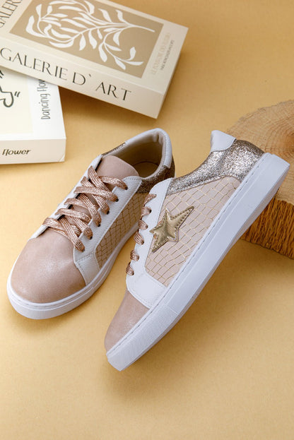 Gold Glitter Star Patchwork PU Leather Lace - up Sneakers - Goddess Vibes