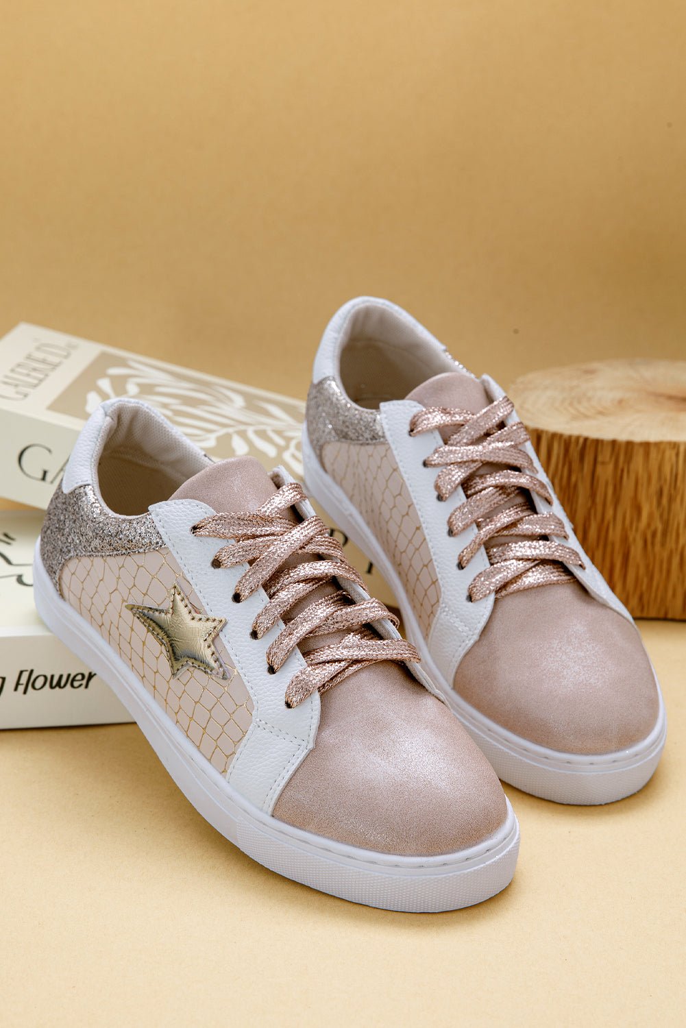 Gold Glitter Star Patchwork PU Leather Lace - up Sneakers - Goddess Vibes