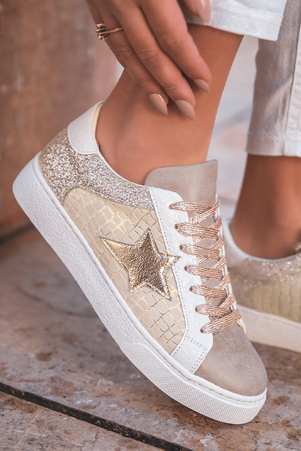 Gold Glitter Star Patchwork PU Leather Lace - up Sneakers - Goddess Vibes