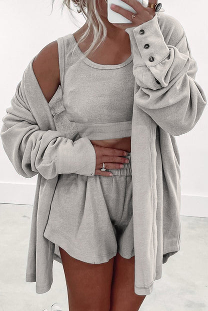 Gray 3 Pcs Crop Tank Top Shorts with Cardigan Lounge Set - Goddess Vibes