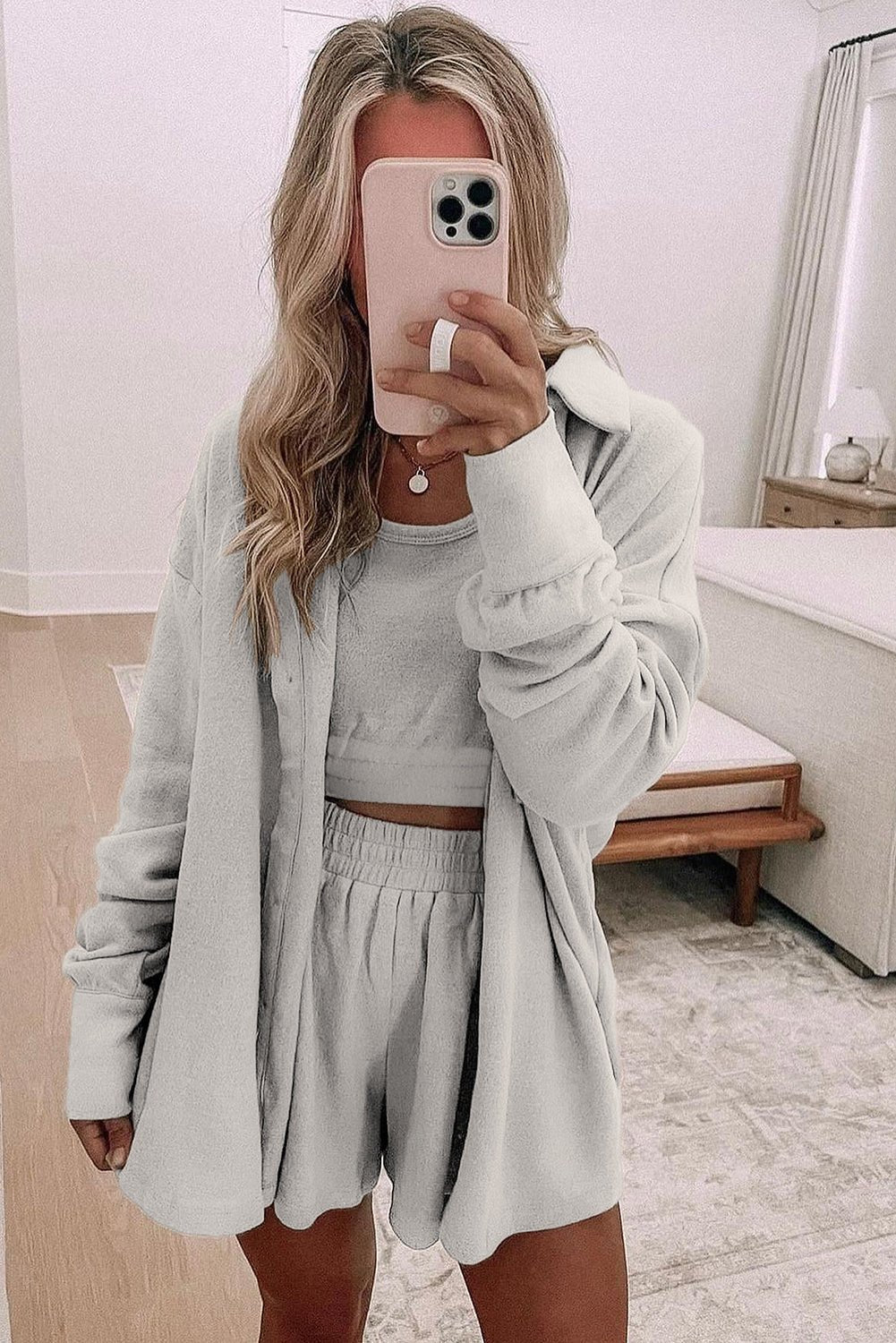 Gray 3 Pcs Crop Tank Top Shorts with Cardigan Lounge Set - Goddess Vibes