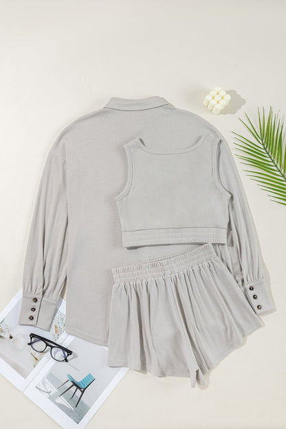 Gray 3 Pcs Crop Tank Top Shorts with Cardigan Lounge Set - Goddess Vibes