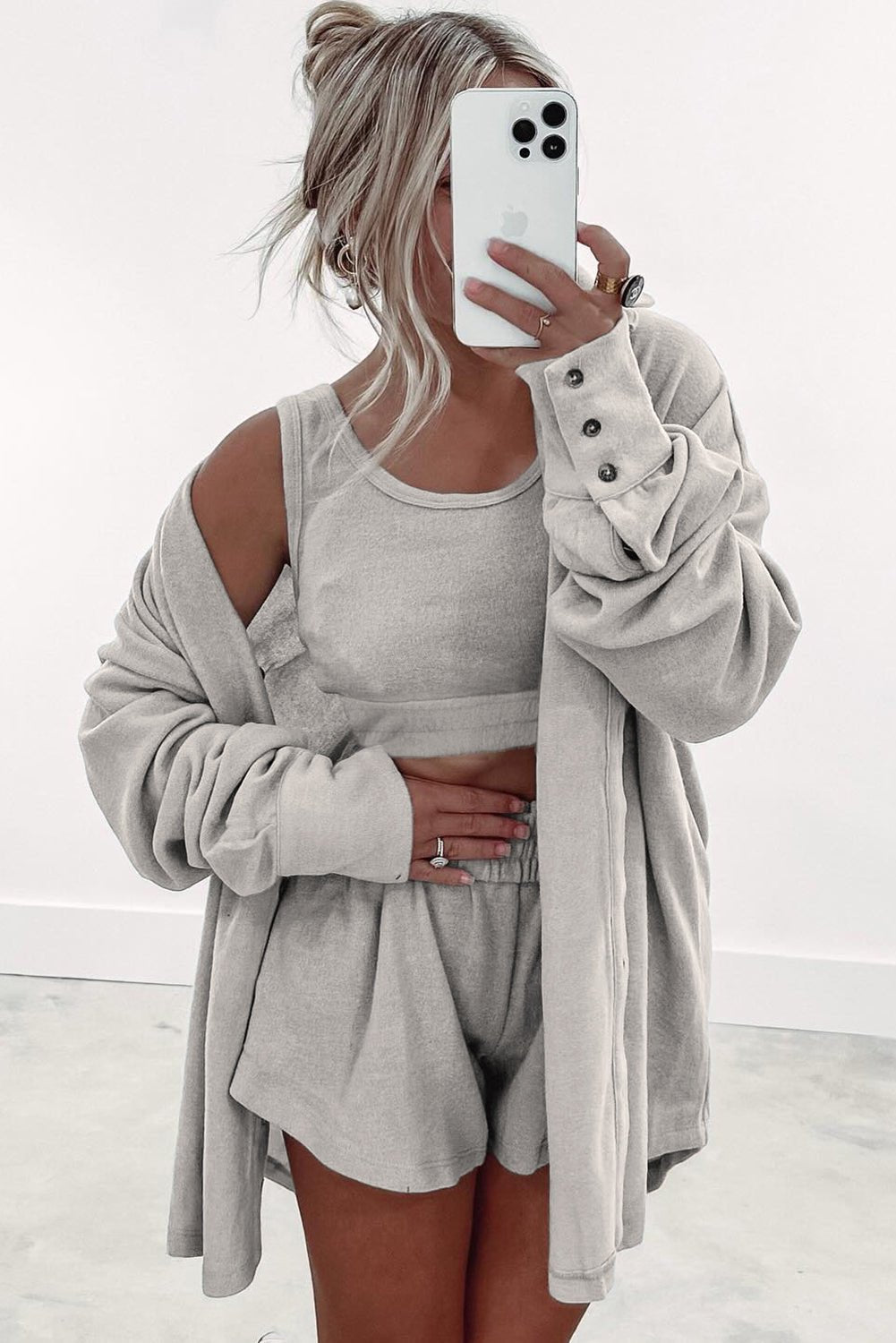 Gray 3 Pcs Crop Tank Top Shorts with Cardigan Lounge Set - Goddess Vibes