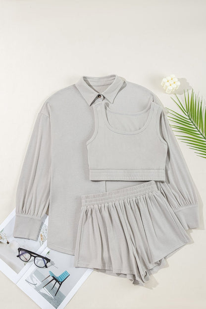 Gray 3 Pcs Crop Tank Top Shorts with Cardigan Lounge Set - Goddess Vibes