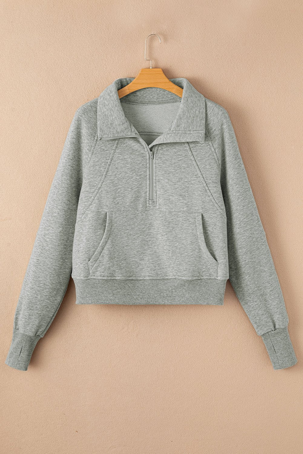 Gray Fleece Lined Zip Up Stand Collar Thumbhole Sleeve Sweatshirt - Goddess Vibes