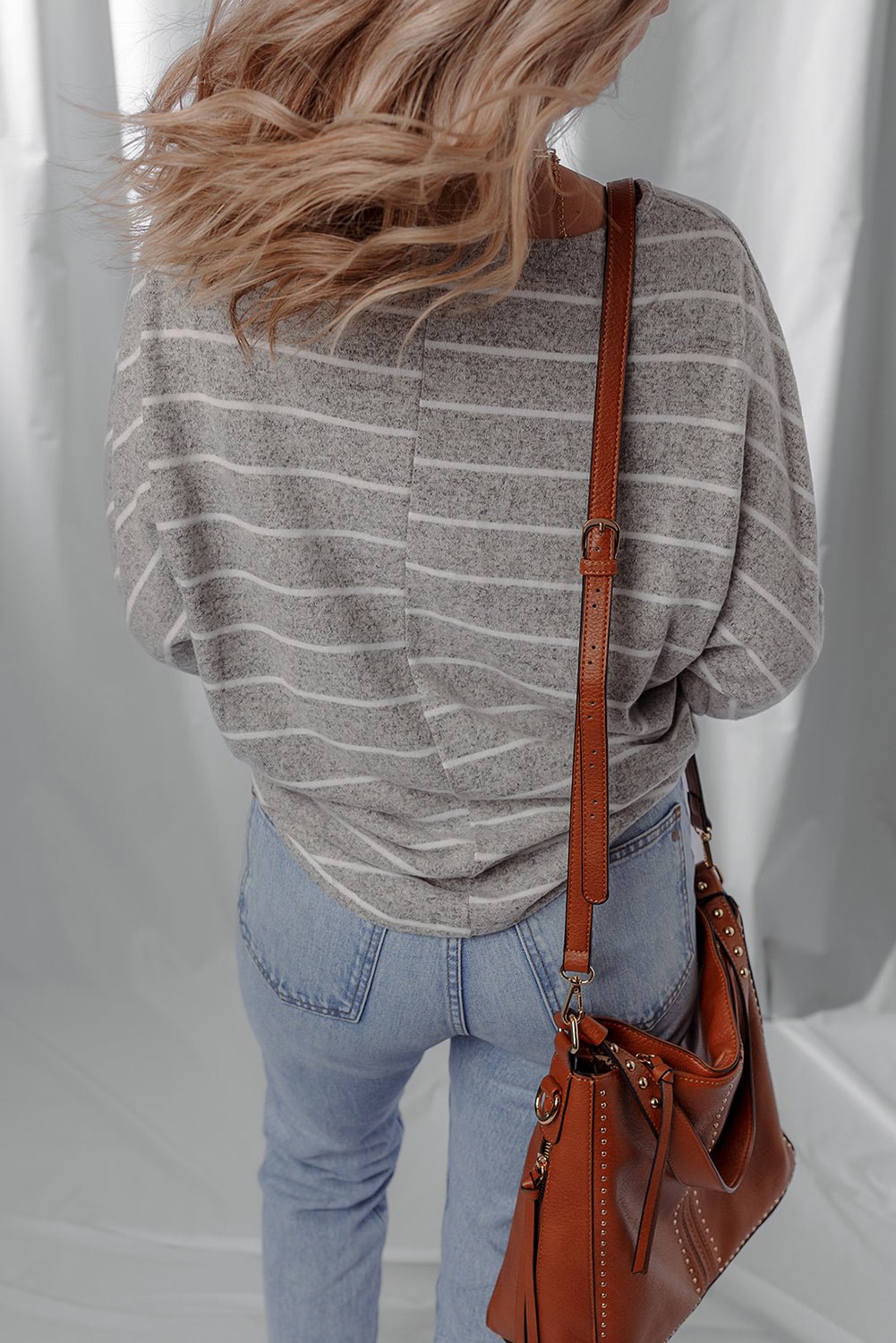 Gray Stripe Dolman Sleeve Drop Shoulder Top - Goddess Vibes