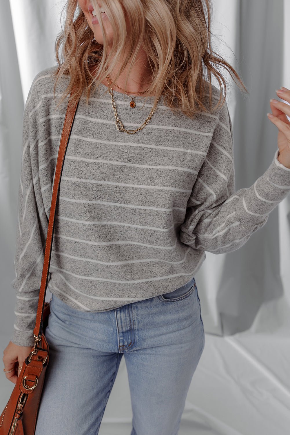 Gray Stripe Dolman Sleeve Drop Shoulder Top - Goddess Vibes