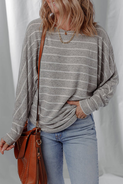 Gray Stripe Dolman Sleeve Drop Shoulder Top - Goddess Vibes