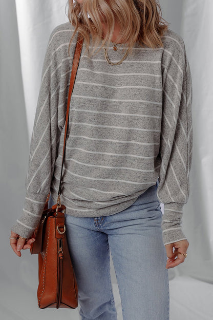 Gray Stripe Dolman Sleeve Drop Shoulder Top - Goddess Vibes