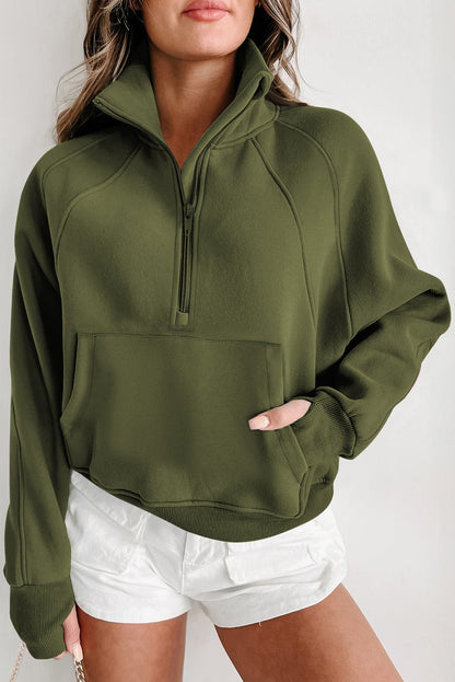 Green Fleece Lined Zip Up Stand Collar Thumbhole Sleeve Sweatshirt - Goddess Vibes