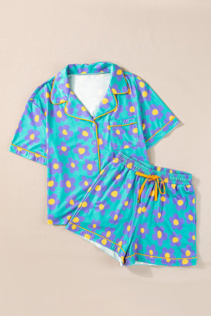 Green Flower Print Short Sleeve Shirt Pajamas Set - Goddess Vibes