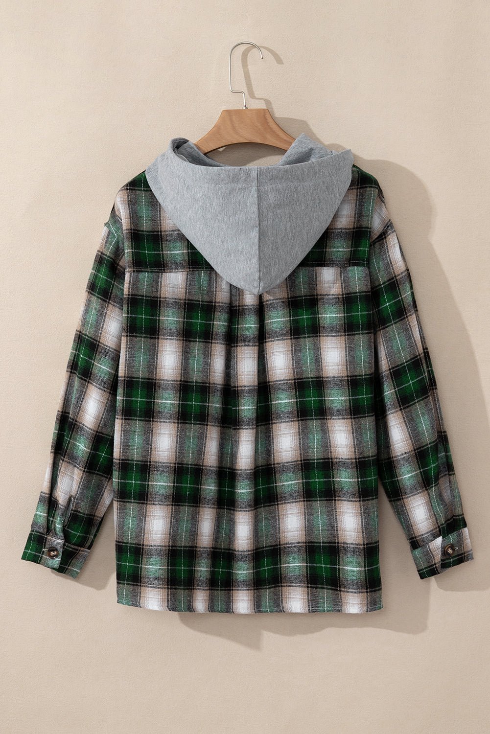 Green Plaid Print Chest Pocket Buttoned Hooded Shacket - Goddess Vibes