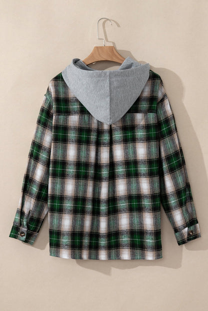 Green Plaid Print Chest Pocket Buttoned Hooded Shacket - Goddess Vibes