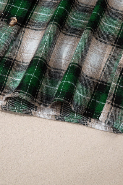 Green Plaid Print Chest Pocket Buttoned Hooded Shacket - Goddess Vibes