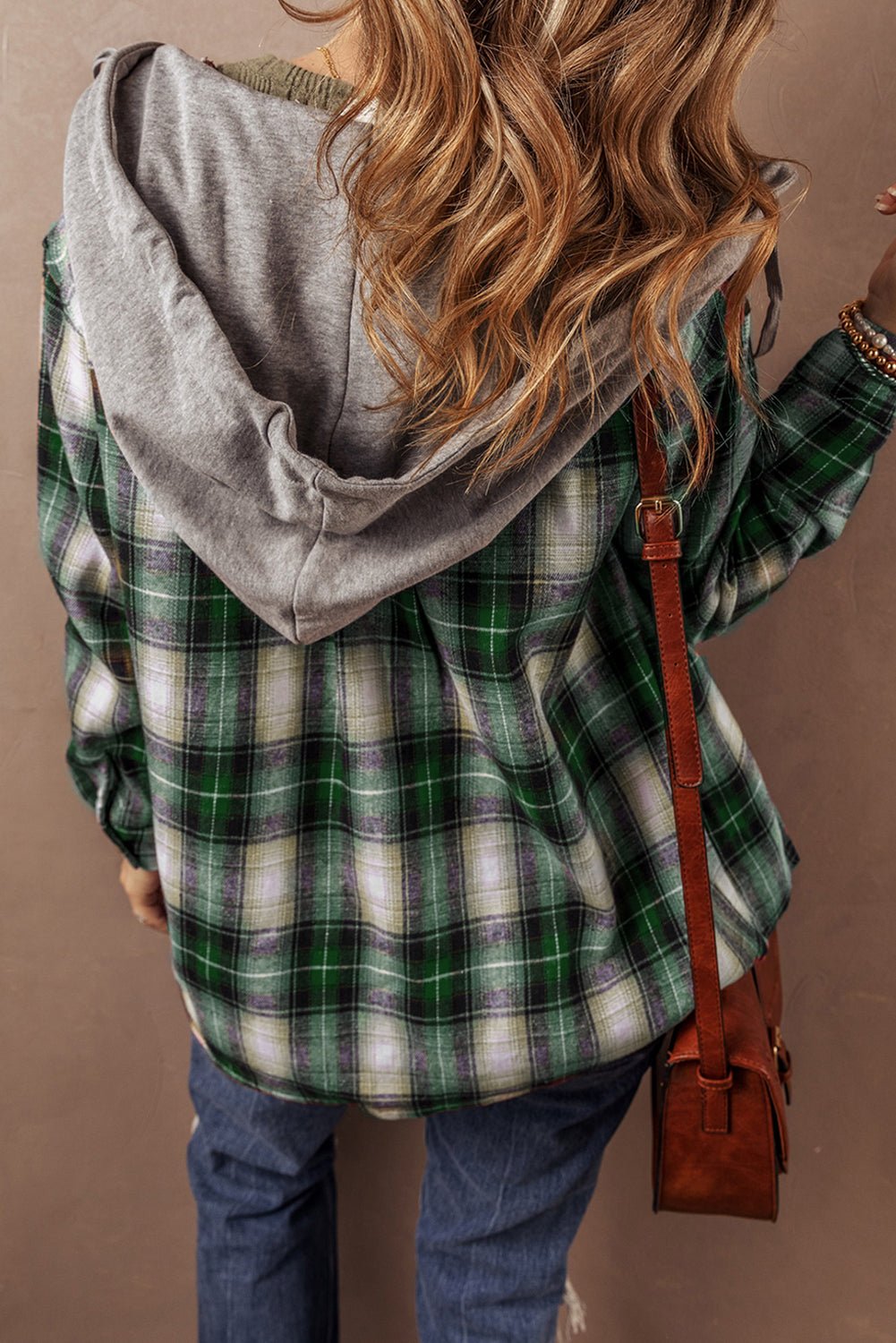 Green Plaid Print Chest Pocket Buttoned Hooded Shacket - Goddess Vibes