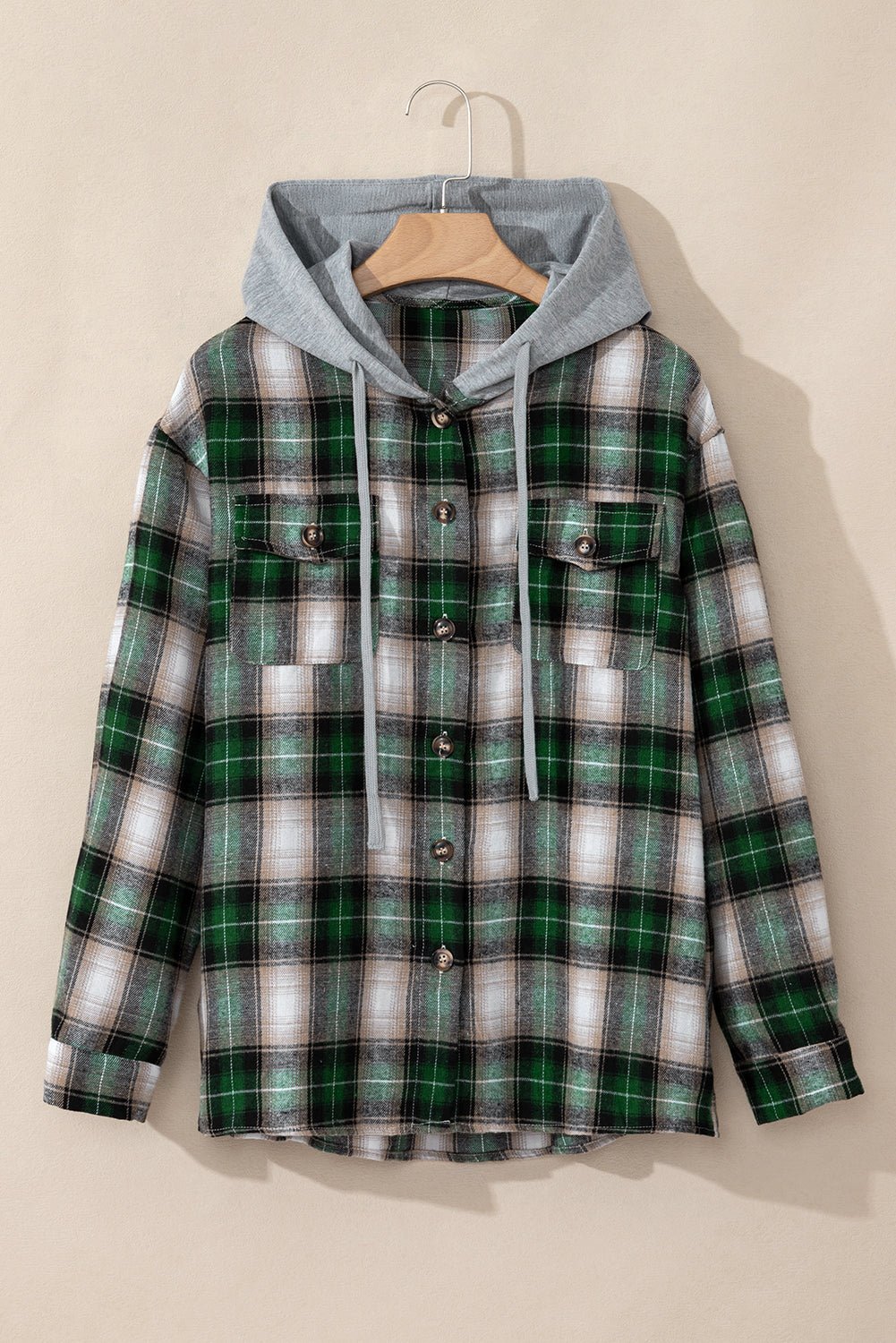Green Plaid Print Chest Pocket Buttoned Hooded Shacket - Goddess Vibes
