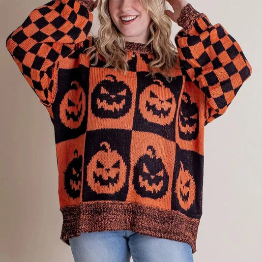 Halloween Cartoon Ghost And Checkerboard Print Pullover Sweater Autumn - Goddess Vibes
