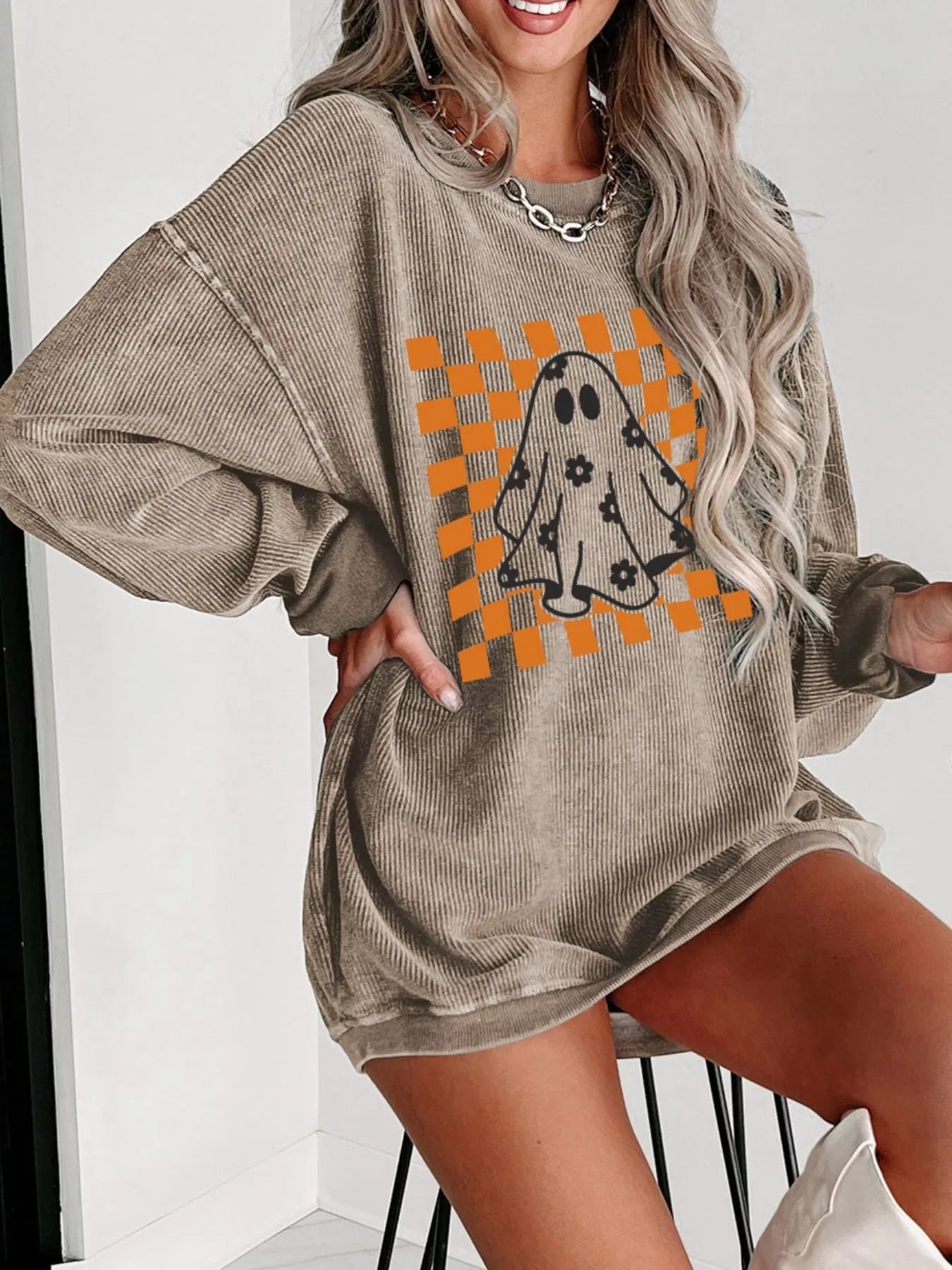 Halloween Checkerboard Floral Ghost Graphic Corded Sweatshirt - Goddess Vibes