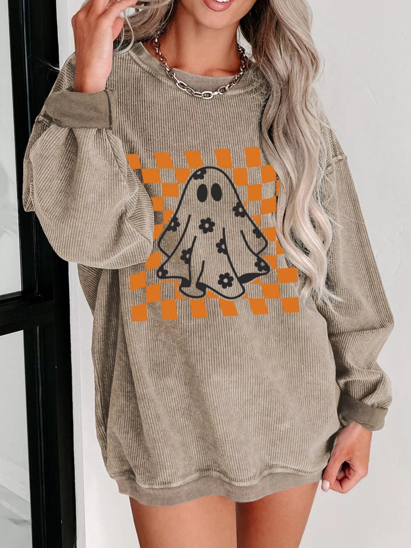 Halloween Checkerboard Floral Ghost Graphic Corded Sweatshirt - Goddess Vibes