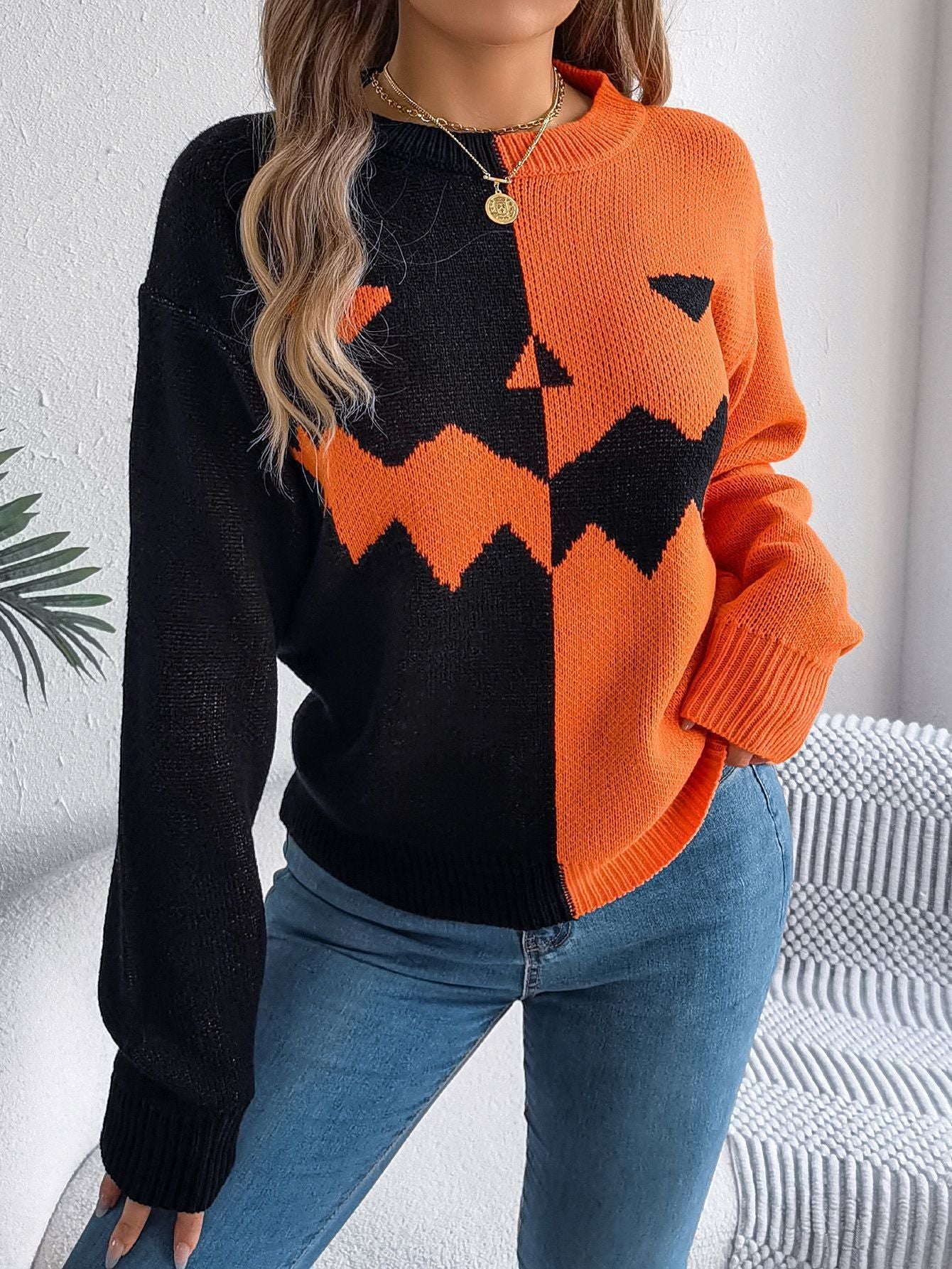 Halloween Contrast - color Pullover Sweater Fashion Long Sleeve Knitted - Goddess Vibes