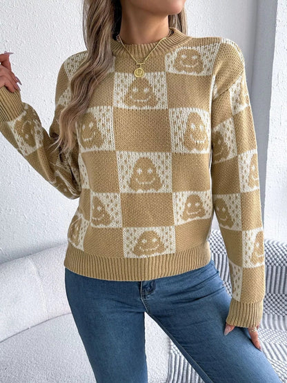 Halloween Ghost Pattern Checkered Round Neck Sweater - Goddess Vibes