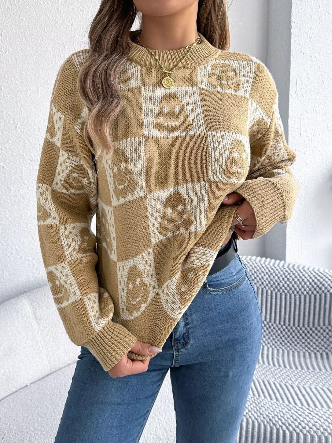 Halloween Ghost Pattern Checkered Round Neck Sweater - Goddess Vibes